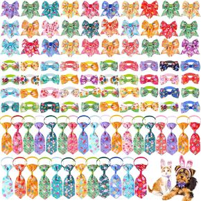 Reginary 100 Pieces Easter Dog Bow Tie Collar Set Include 40 Easter Dog Neckties, and 30 Puppy Bowties, 30 Collar Flowers, Adjustable Pet Ties Grooming for Small Medium Cats Pets Supply