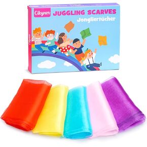 Cikyner Juggling Scarves, 5 Pcs Colorful Chiffon Cloths 60x60cm Dance Scarves Juggling Cloths for Dance Gymnastic Clothes Dance Towels for Indoor & Garden Dancing, Juggling, Sensory Game for Children