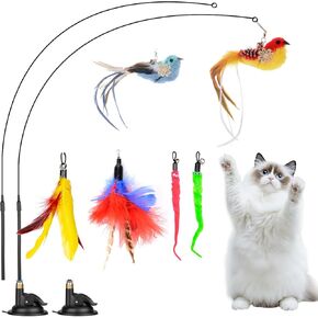 Cat Feather Toys, 10PCS Cat Toys with Detachable 2PCS Suction Cup, 6PCS Replacement Teaser Refills with Bell, Interactive Cat Toys are Suitable for Cats to Play and Exercise Indoors