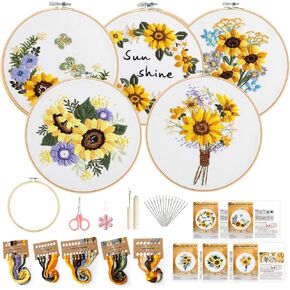 5 Pack Embroidery kit for Beginners Adults DIY Starter Kit,Sunflower Gifts for Women Cross Stitch Kits with Flower Stamped Patterns, Embroidery Hoop, Tools,Colorful Threads,Hand Craft Lover Gift