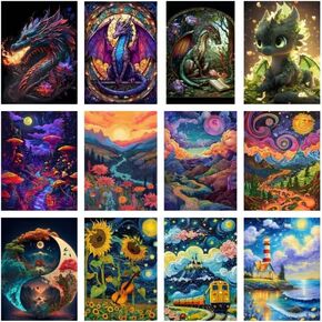 Elariontha 12 Pack Pack Diamond Painting Kits للبالغين ، مجموعات الطلاء الماس Gragon للمبتدئين ، مجموعات Dragon Dream Art ، أشجار الزهور الموداء Diamonds Painting12x16inch (Style-1) in Kuwait