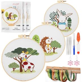 XSYXSLYT 3 Pack Embroidery Starter Kit with Pattern,Rabbit,Hedgehog,Giraffe,Animal Cross-Stitch Set,Women DIY Sewing Hobby,Embroidery DIY Art Kit, 2 Embroidery Hoop,Needlepoint Kits for Adults
