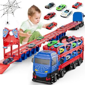 Spider Carrier Truck Race Track Toys for Boys, 78-inch Transport Car Race Track Truck Toy & 12 Die-Cast Metal Toy Cars, Toddler Truck Car Toys Track Set Gifts for Kids Boys Girls 3 4 5 6 7 Year Old