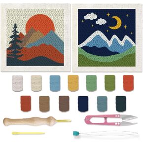 BEUNITONE 2 Sets Camping Punch Needle Kit for Beginners Scenery Theme Punch Embroidery Kits with Frame Instructions Embroidery Starter Kits with Art Night Pattern for Wall Painting 9.4'' x 9.4''