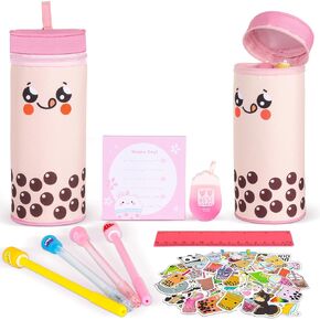 Primo Lines Cylindrical Boba Tea Kawaii Pencil Case Holder 61 PCS Pink Stationary Set Pink Stationery Bag 4 Cute Pens, 53 Stickers, Bubble Sticky Notes and Fun Erasers, Ruler Present Set for gift
