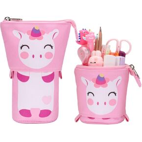 Standing Pencil Case Girls - Telescopic Pencil Case for Kids Cute Pencil Case Kawaii Pencil Pouch for Girls Big Capacity Stand Up Pencil Pouch for Kids Girls, Pink Unicorn