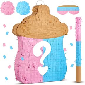 18.5 Inch Baby Bottle Shape Gender Reveal Piñata with Piñata Stick Blindfold and Pink Blue Confetti Gender Reveal Decorations for Baby Shower Decoration Party Supplies