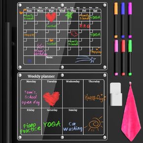 Acrylic Magnetic Calendar for Refrigerator,2pcs Magnet Fridge Calendar Weekly&Monthly 16"x12",Reusable Dry Erase Planning Board for Fridge with 6 Highlight Markers,Magnetic Pen Holder, Erase Towel