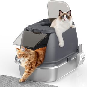 Stainless Steel Litter Box with Lid,Top Entry Covered Kitten Litter Box, Enclosed Litter Tray for Easy Cleaning & Odor Control, Includes Scoop and Litter Mat, Hooded Cat Litter Pan for Cats (Gray)