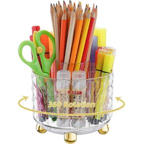 Marbrasse Desk Organizer, 360-Degree Rotating Pen Pencil Holder for Desk, Desk Organizers and Accessories with 5 Compartments Pencil Organizer (Transparent gold edge)