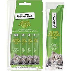Fussie Cat Super Premium Chicken with Duck in Goat Milk Puree, lickable cat Treats, 0.5oz Pouch Pack of 4