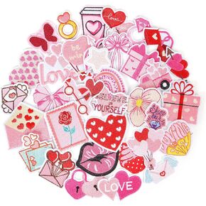 Pink Patches Iron on for Valentine's Day: Funcolor 35pcs Hearts Patches DIY Crafts for Fabric - Cute Embroidered Patches Sew on for Clothing Jacket Hat Shirt Bag Jeans