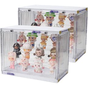 Clear Display Case for Figures, Clear Display Box, 3 Tiers Adjustable Acrylic Display Box Stand with Magnetic Door for Mini Action Figures Pop Mart Collectibles (Clear, 2 Pack)