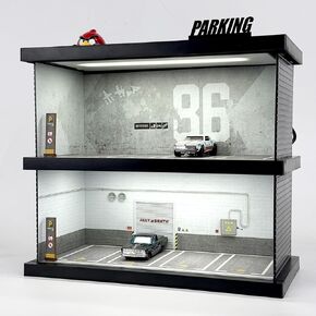 Hot Diecast Wheels Display Case - 1/64 Scale Die-cast Model Car Display Case with LED Light and Acrylic Cover, Wooden Parking Garage in 3 Floors with 10 Parking Spaces (86)