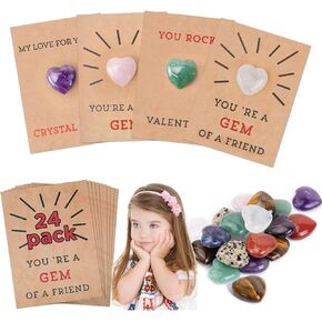 24 Pack Valentines Cards with Heart-Shape Crystal Stones, Funny Valentine Exchange Card for Boys Girls Classroom School Party Favor