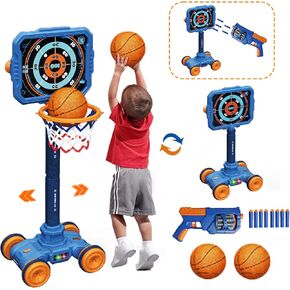 2 in 1 Toddler Basketball Hoop and Shooting Games Set with Automatic Move Base - Adjustable Height, Kids Basketball Hoop Indoor Outdoor, Basketball Sport Toys Gifts for Boys Girls Age 3-5 6-8 9-12