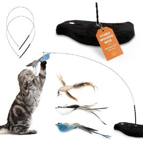 Bird Simulation Toy for Cats with Rock-Solid Sturdy Wooden Base, Interactive Bird Simulation Cat Toy with 2 Wires and 3 Replacement Birds, Interactive Cat Toys Feather & Bells