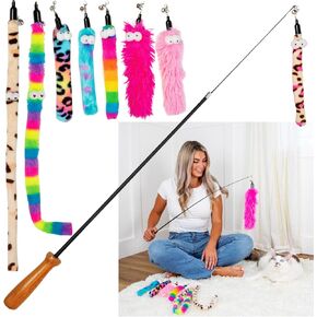 Cat Toys Wand Set Retractable Cat Fishing Pole with 8 Fuzzy Worm Teaser Attachments, Interactive Kitten Toys for Indoor Cats, Durable Wooden Handle, Extendable Cat Teaser Rod for Play and Exercise