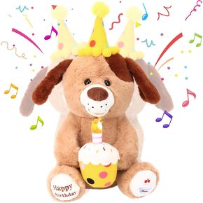 Hopearl Adorable Happy Birthday Dog with Glowing Cupcake Musical Stuffed Animal Puppy Singing and Shaking Plush Toy Interactive Animated Kids Gifts, Brown, 15''