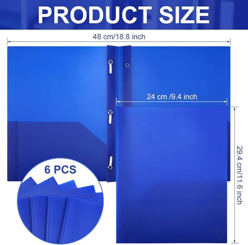 cholemy 6 pcs plastic pocket bolders with Prong 2 Heavy Duty Pockets with 3 prongs lite paper paper bolders file plastic bolders with kodeners for Office Comple (Blue) in Kuwait