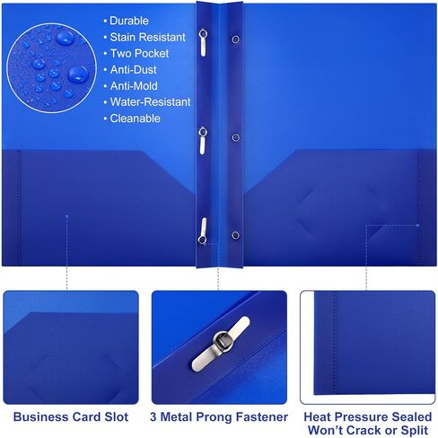 cholemy 6 pcs plastic pocket bolders with Prong 2 Heavy Duty Pockets with 3 prongs lite paper paper bolders file plastic bolders with kodeners for Office Comple (Blue) in Kuwait