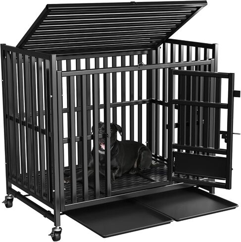 42 inch Heavy Duty Indestructible Dog Crate，New Upgraded Reinforced Baseplate for Large Dogs，with 3 Doors and 4 Wheels-Lockable Wheels and Removable Tray in Saudi Arabia