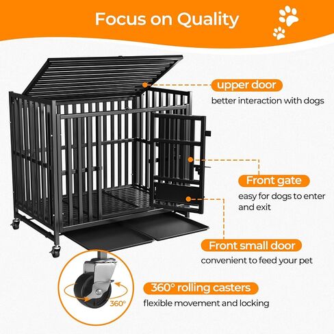 42 inch Heavy Duty Indestructible Dog Crate，New Upgraded Reinforced Baseplate for Large Dogs，with 3 Doors and 4 Wheels-Lockable Wheels and Removable Tray in Saudi Arabia