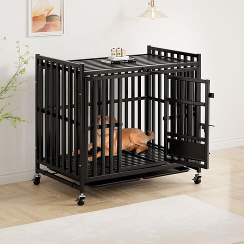 42 inch Heavy Duty Indestructible Dog Crate，New Upgraded Reinforced Baseplate for Large Dogs，with 3 Doors and 4 Wheels-Lockable Wheels and Removable Tray in Saudi Arabia