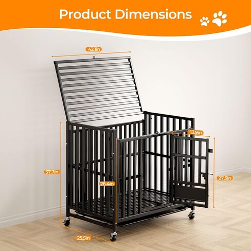 42 inch Heavy Duty Indestructible Dog Crate，New Upgraded Reinforced Baseplate for Large Dogs，with 3 Doors and 4 Wheels-Lockable Wheels and Removable Tray in Saudi Arabia