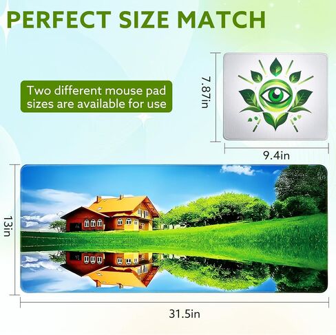 Gaming Mouse Pad Green Eye Protection Desk Pad Set 31.5 x 13 Inch Large Mouse Pads for Desk Non-Slip Rubber Base, Sewn Edge Desk Mat for Desk Decor Desktop Protector Mat (Mirror Image House) in Kuwait