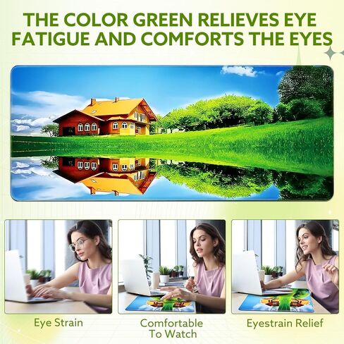 Gaming Mouse Pad Green Eye Protection Desk Pad Set 31.5 x 13 Inch Large Mouse Pads for Desk Non-Slip Rubber Base, Sewn Edge Desk Mat for Desk Decor Desktop Protector Mat (Mirror Image House) in Kuwait