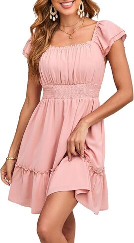 Dokotoo Womens Summer Dresses 2025 Ruffle Short Sleeve Shirred High Waist Tiered Smocked A-Line Casual Dress with Pocket in Saudi Arabia