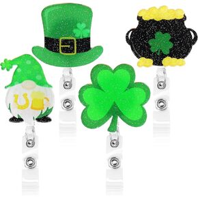 Xylolfsty 4PCS St Patrick's Day Nurse Badge Reels Acrylic Shamrock Retractable Badge Holder with Alligator Clip Glitter Clover Gnome Top Hat Cute Badge Reels ID Badge Clips for Nurse Student Teacher