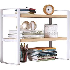 Iron+Wood Student Desktop Clutter Storage Bookshelf, Office Computer Desk Deskt File Organizer Rack 2-Tier cabinets Shelf (White+Oak, 2-Tier)