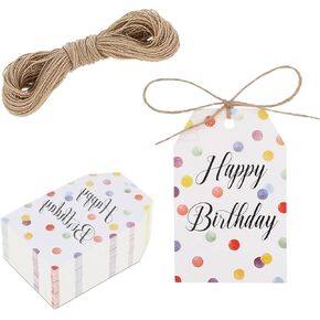 Happy Birthday Gift Tags with String, 100 Pcs Birthday Paper Gift Tags for Presents, Personalized Paper Gift Tags for Birthday Gift, Colorful Dots Birthday Paper Gift Tags for Parents, Boys or Girls,