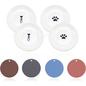 Cat Food Bowl, Fish Bone and Cat Paw Pattern Cat Food Dish with Non-Slip Silicone Bottom, Adorable Cat Plates, Cat Dish for Feeding Indoor Cats, Kittens, and Small Dogs (Pack of 4)