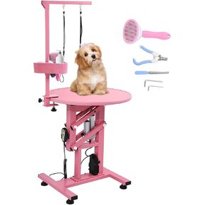 24" Electric Dog Grooming Table, Adjustable Fast Lifting Heavy Duty Dog Grooming Table for Small Dogs with Anti Skid Tabletop, Grooming Set, Remote,Tool Organizer and Arms,Pink