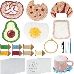 auvnei Punch Needle Kit, 6 Pattern Food Design Easy Punch Needle Kits Adults Beginner, Decoration Coasters Punch Needle Embroidery Kit with Patterns Tools Adhesive Felt Yarns Embroidery Hoop