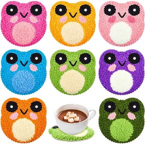 Preboun 8 Pcs Frog Punch Needle Coaster Kit, Punch Needle Embroidery Kits for Adults Beginners, 8 Colors Frog Punch Needle Set Punch Needle Supplies Including Yarns Hoop Tools
