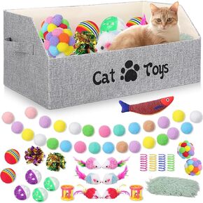 Zopeal 55 Pcs Large Cat Box Toy Set, Storage Basket Pet Bed and Cat Toys, Cat Pillows Fish Colorful Bell Balls Crinkle Balls Spring Plush Mice Attract Cat to Swat Hunt Interactive Cat Kitten Toys