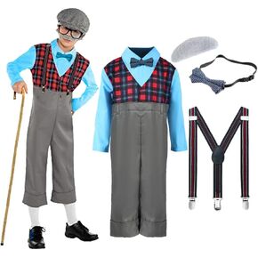 Kids Old People Costume, Old Man Outfit for Boys, 100th Day of School Dress Up, Grandpa Costume for Boys 4-10 Years