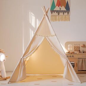 خيمة الأطفال بدون حصيرة ، خيمة Teepee للأولاد والبنات ، غرفة طيية للأطفال للداخل ، كوخ مع نافذة واحدة وحقيبة تخزين واحدة ، خيمة في الهواء الطلق للأطفال من عمر 3-8 سنوات (Beige)