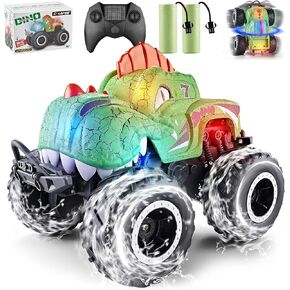 Amphibious Monster Truck Toys, Waterproof Dinosaur Monster Trucks for Boys Age 4-7, 2.4GHz 4WD All Terrain RC Cars with 2 Batteries, 360° Rotating Stunt RC Car Toy Birthday Gift for Kids 3-5