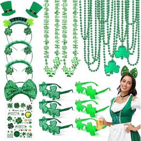 29Pack St Patricks Party Favors of 16pcs Shamrock Beads Necklace Bulk, 6pcs Clover Eyewear Sunglasses, 6pcs Green Hats Headband, 1pc St. Patrick's Day Stickers Party Dressing-up Costume Accessories