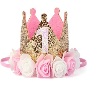 1st Birthday Crown for Girls, Princess Party Hat with Floral Design, Baby Girl First Birthday Headband, Soft Sparkling Tiara for Photo Booth, Baby Shower Decor (Gold)