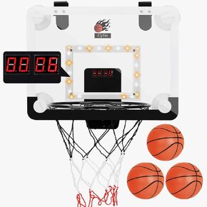 CYFIE Basketball Hoop Suction Cup, LED Light Basketball Hoop with Scoreboard, Hook, 3 Balls, Mini Indoor Basketball Toy Gifts for Kids Boys Youth Slam Dunk Games