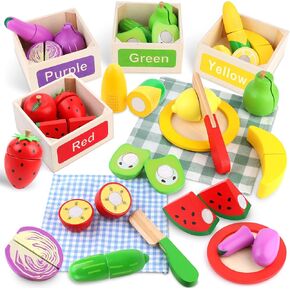 Merrypony Wooden Play Food Food for Kids Kitchen - 34 PCS Velcro Fruit & Veggie Cuty Toys with 4 صناديق فرز ألوان ، Montessori Play Play for Toddlers ، وهدايا أعياد الميلاد للبنين والبنات