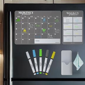 Magnetic Dry Erase Acrylic Calendar for Fridge - Monthly & Weekly Planner with 5 Markers, Holder & Cleaning Cloth. 2-Pack Set for 2025 Refrigerator Calendar.
