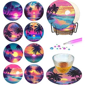 8 Pcs Diamond Painting Coasters kit with Holder, DIY Landscape Coasters Diamond Art Kits for Beginners, Adults Small Diamond Painting Art Craft Supplies