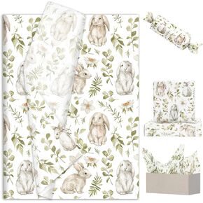 FYSUIMU 60 Sheets Easter Bunny Tissue Paper Watercolor Rabbit Greenery Gift Wrapping Paper for DIY Art Crafts Spring Wedding Party Decor, 14 x 20 Inch